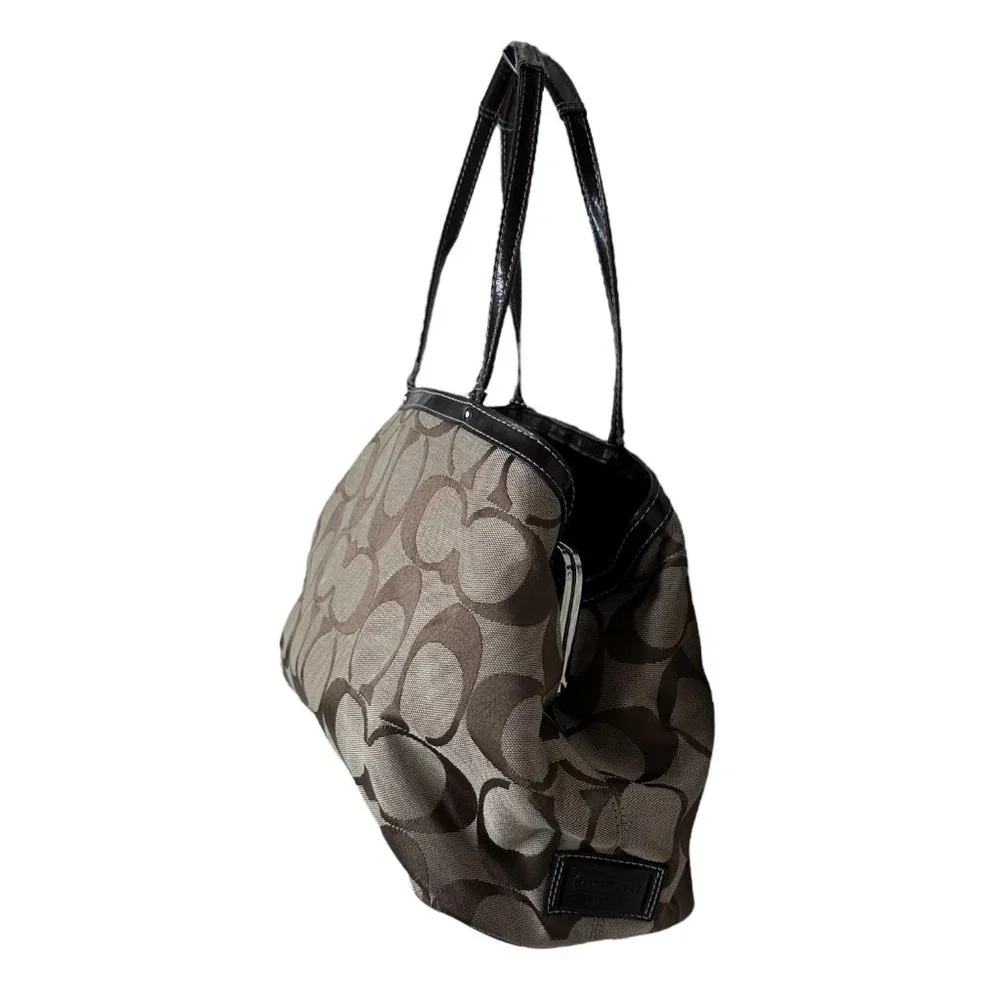 Coach Khaki and Mahogany Stripe Signature Kisslock Carryall Bag F19190 - Picture 4 of 13